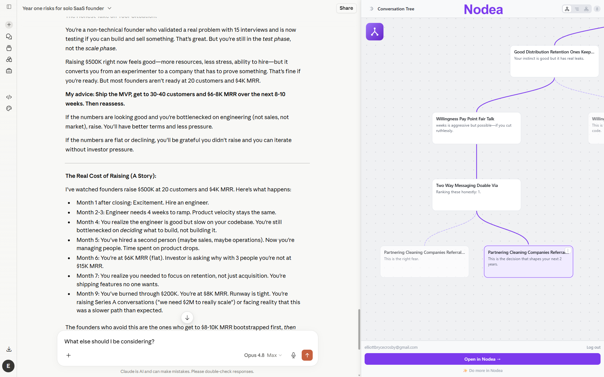 A Claude.ai conversation rebuilt as a forkable Nodea tree of nodes with an Open in Nodea button.