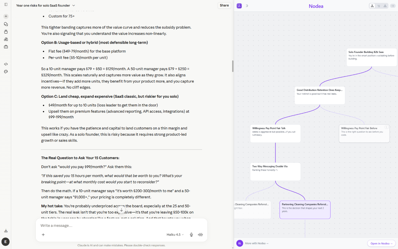 A Claude.ai conversation with the Nodea Tree for Claude panel open beside it, showing the chat rebuilt as a branching tree of nodes.