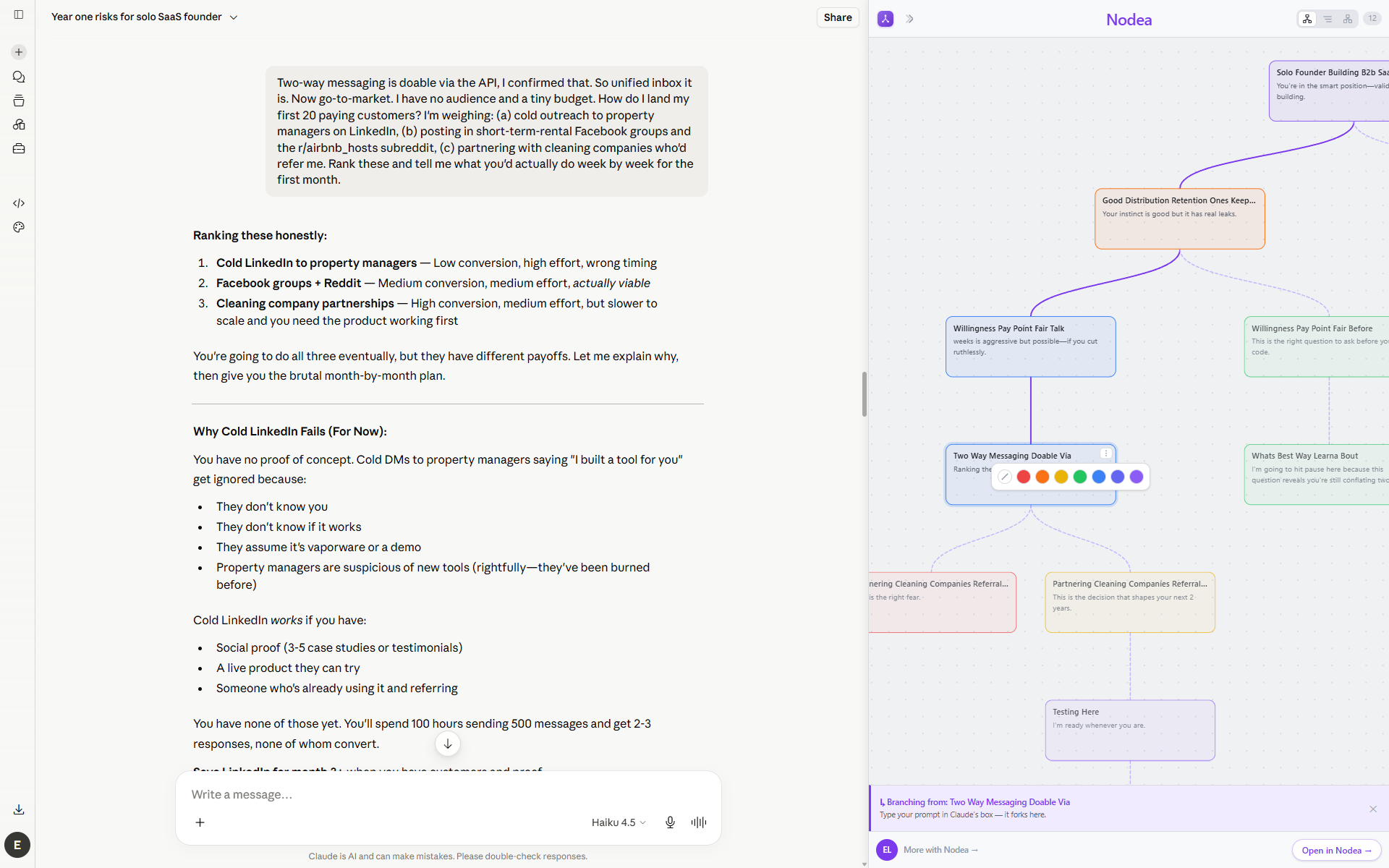 A reconstructed Claude conversation tree with several branches color-coded to highlight the important paths.