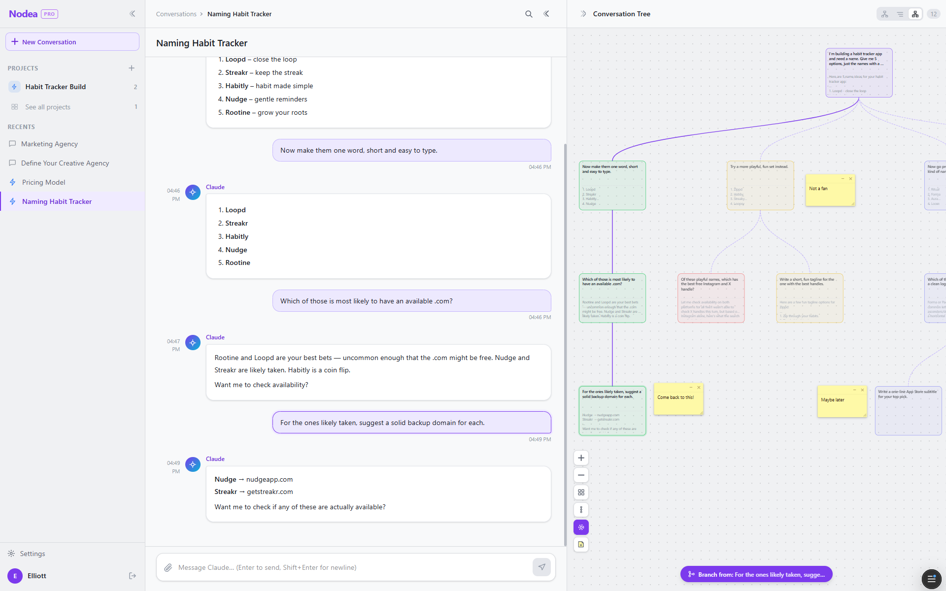 The Nodea app showing a conversation in the centre and its full branching tree in the right-hand panel.