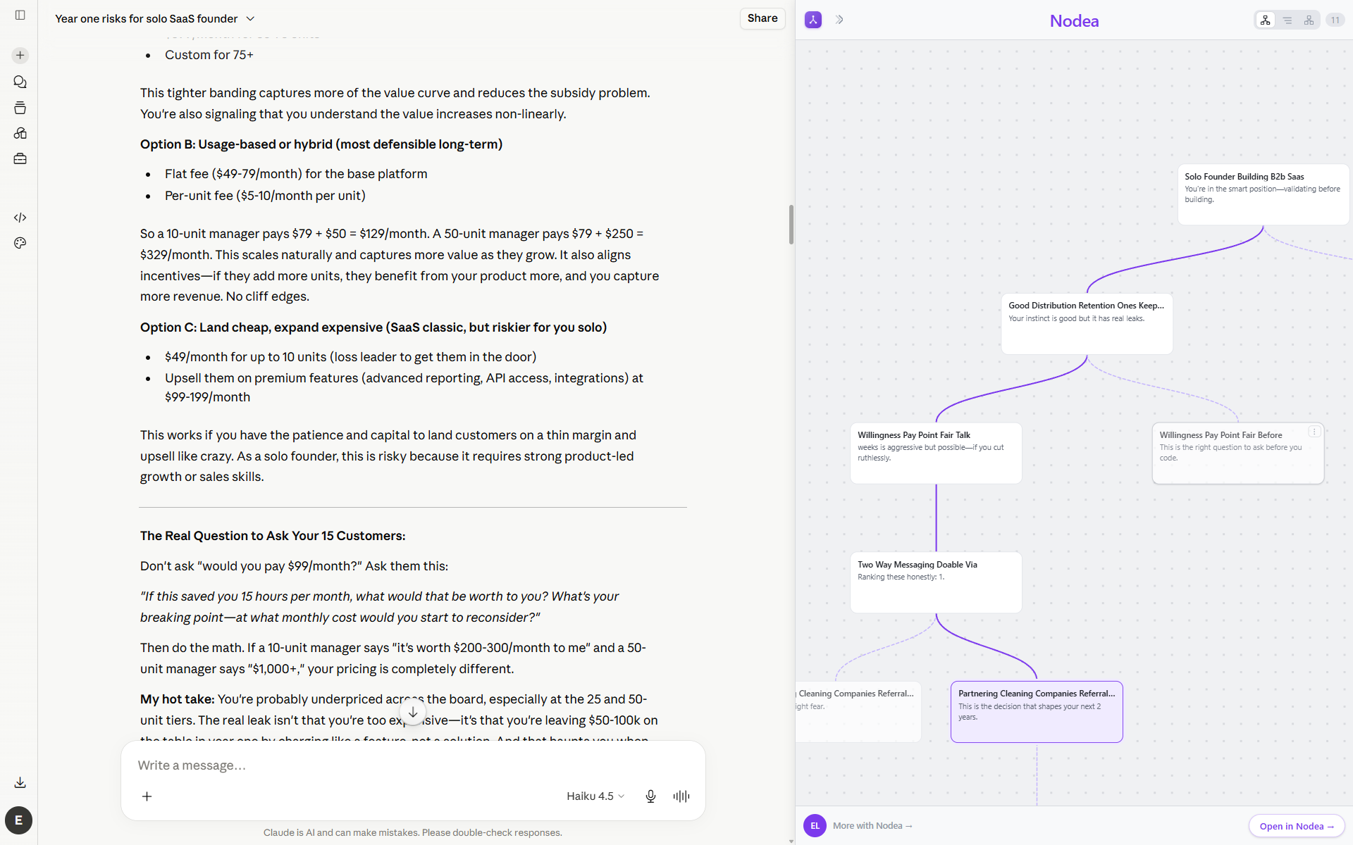 A Nodea research canvas with a long analysis on the left and a branching tree of follow-up threads on the right.