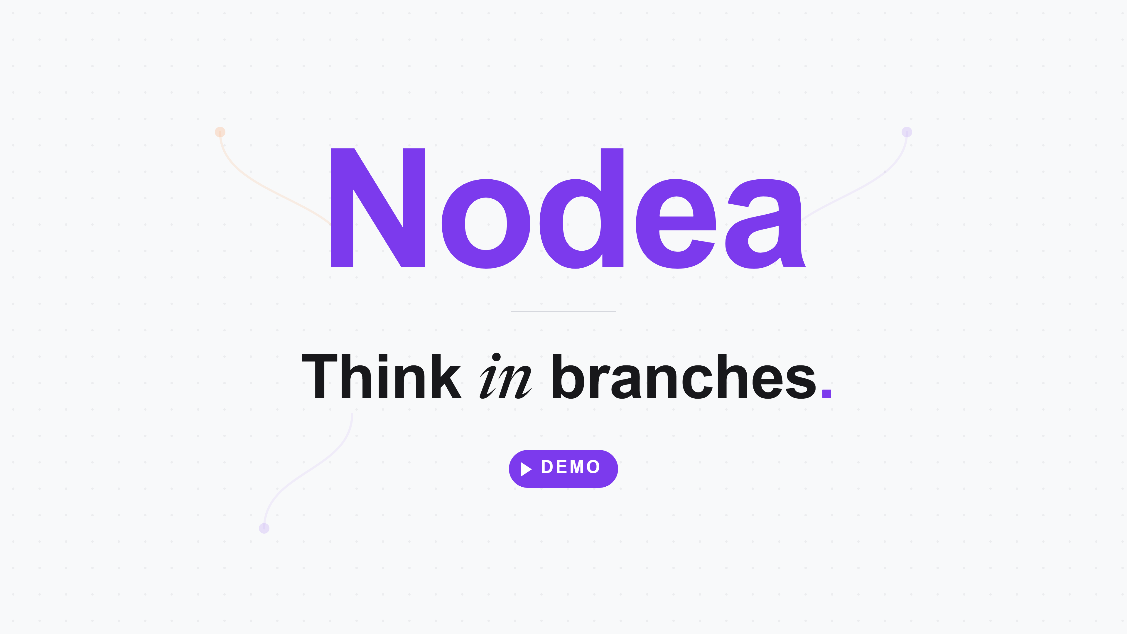 The Nodea wordmark with the tagline 'Think in branches' on a dotted canvas with branch lines.